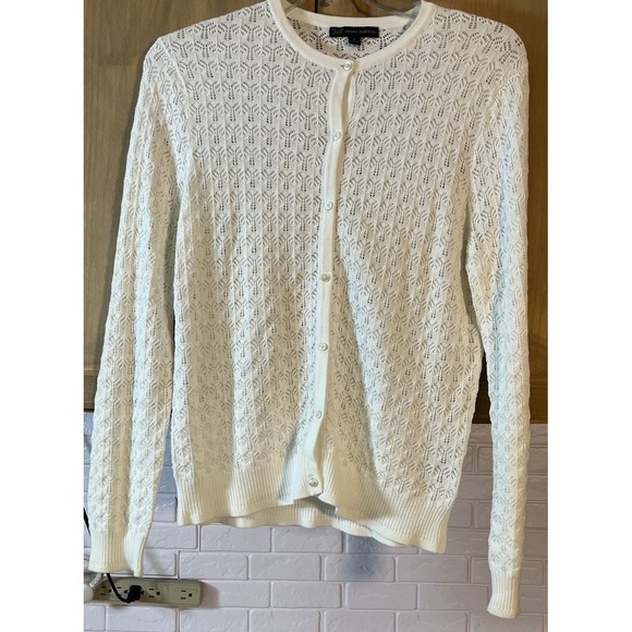 Brooks Brothers Lightweight White Eyelet Knit Sweater Women's Large Button Up - Picture 1 of 6
